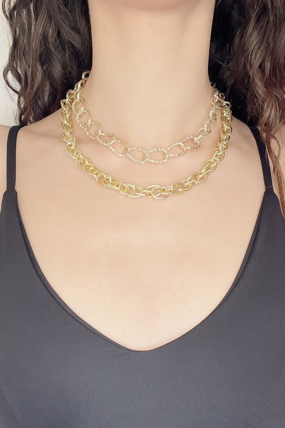 İkili Gold Choker Zincir Kolye