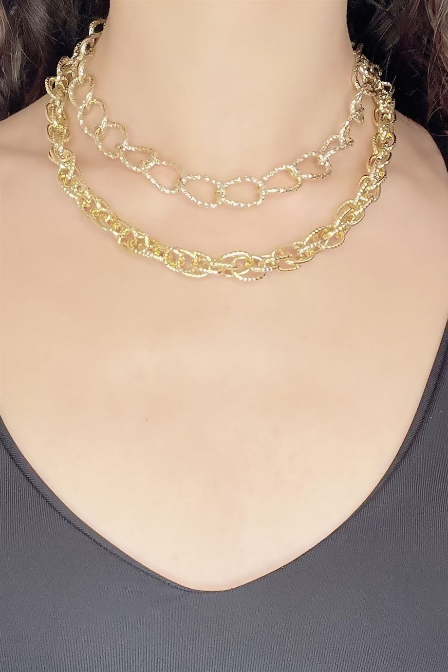 İkili Gold Choker Zincir Kolye
