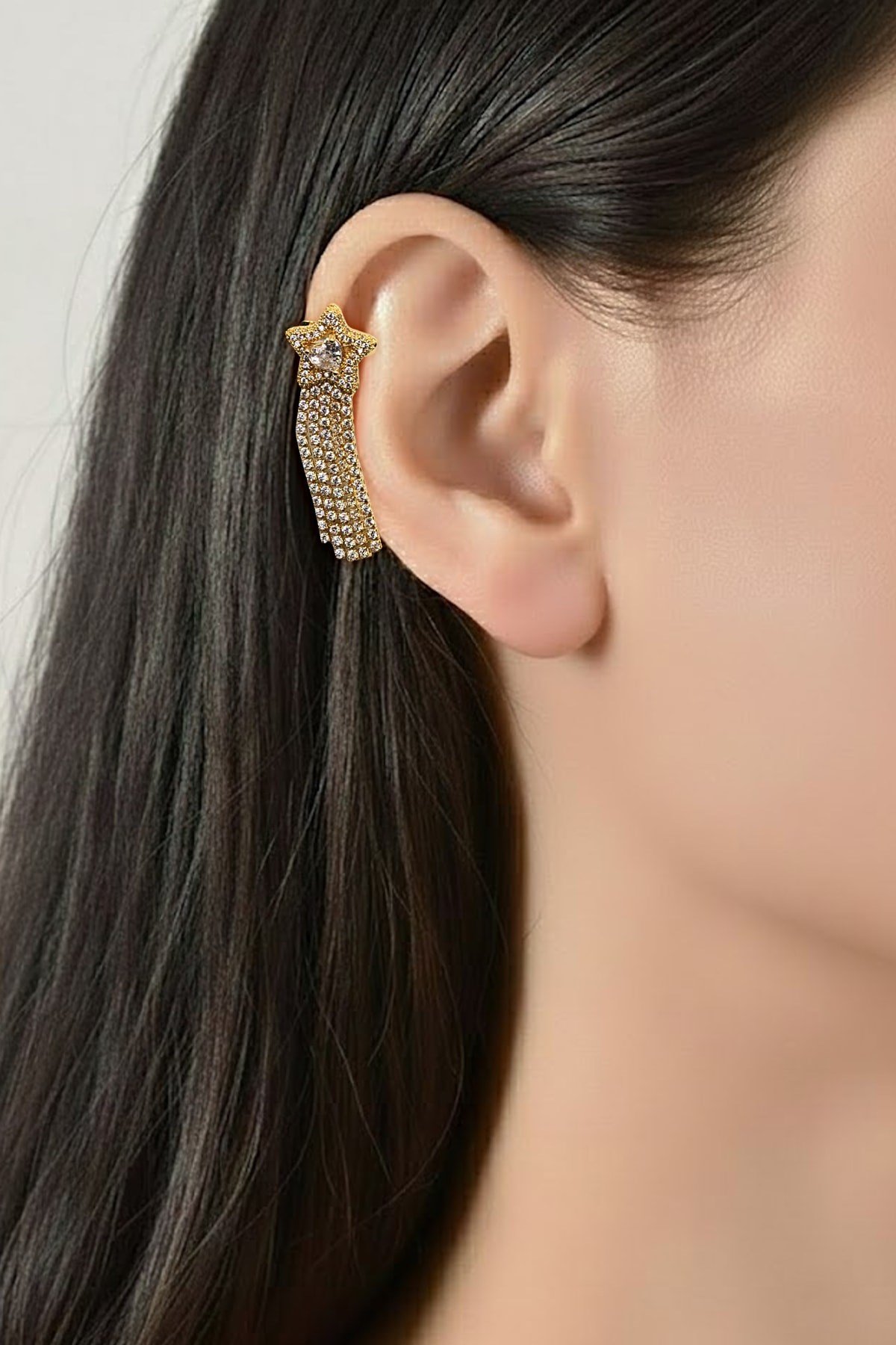 Işıltılı Zirkon Taşlı Yıldız Earcuff – Gold, Sıkıştırmalı ve Anti Alerjik Kıkırdak Küpe