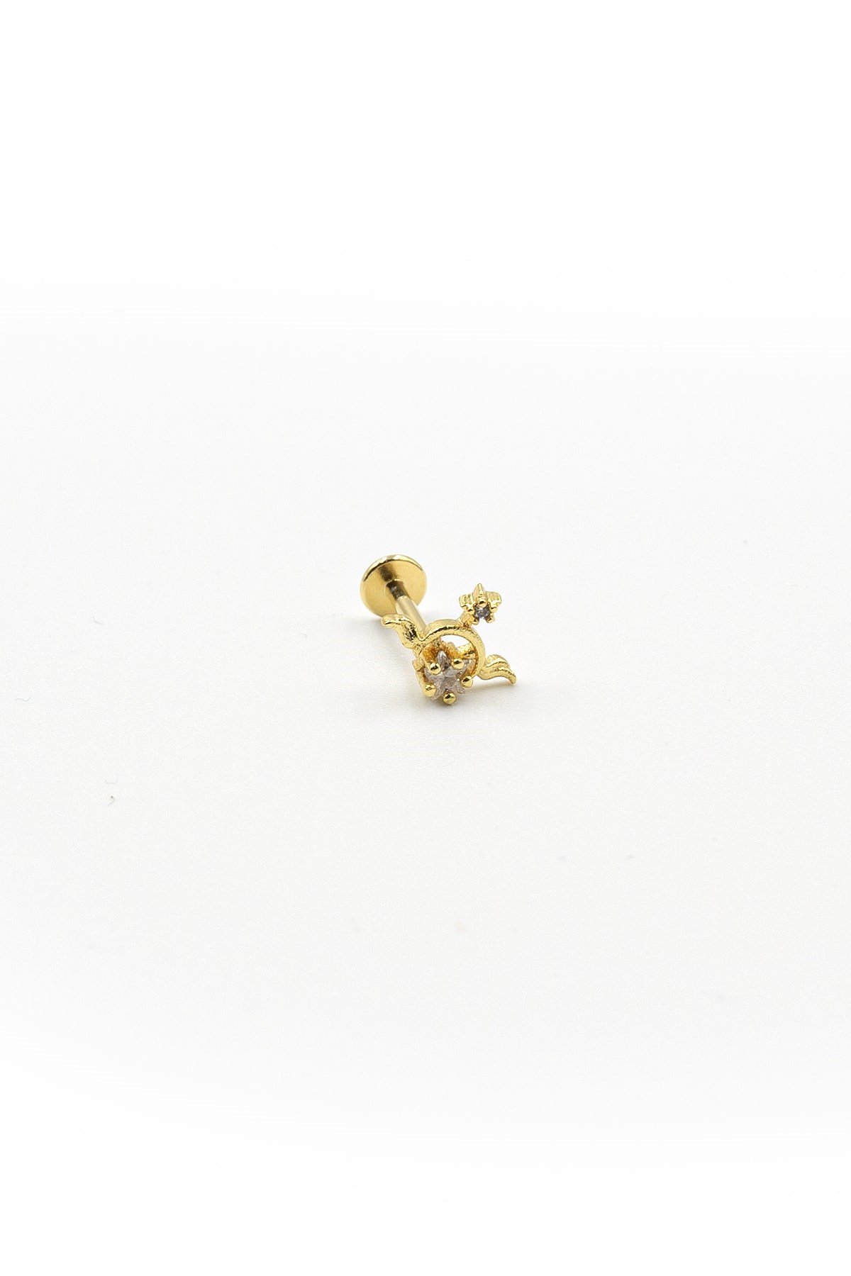 Kanatlı Yıldız Tragus Piercing – Gold, Zirkon Taşlı, Anti Alerjik, Çelik Barlı, 8 mm