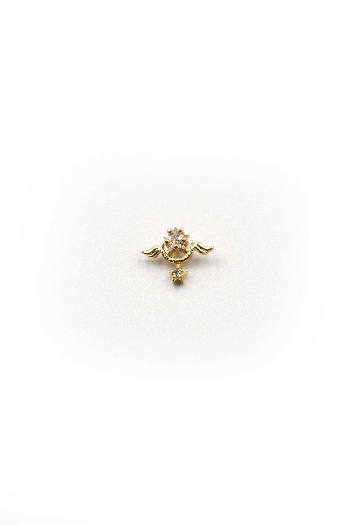 Kanatlı Yıldız Tragus Piercing – Gold, Zirkon Taşlı, Anti Alerjik, Çelik Barlı, 8 mm