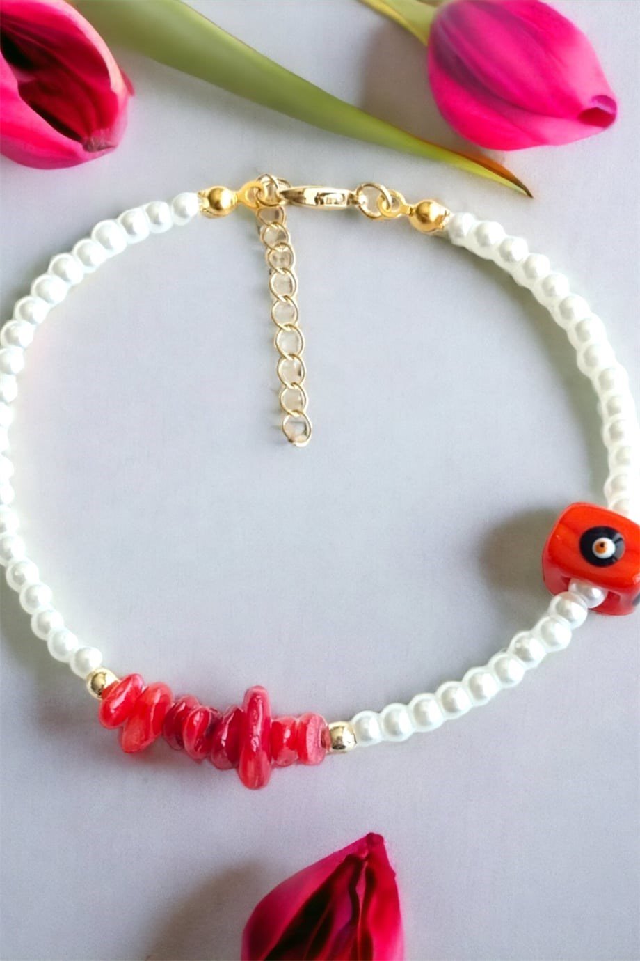 Kırmızı Nazar Boncuklu Kırık Doğal Taşlı Halhal