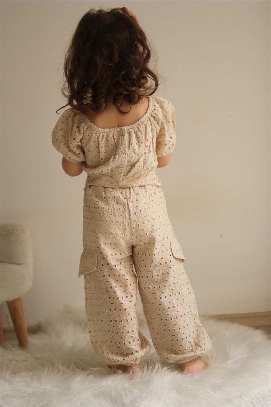 Kız Çocuk Nakış İşlemeli Pantolon Crop Takım - Camel