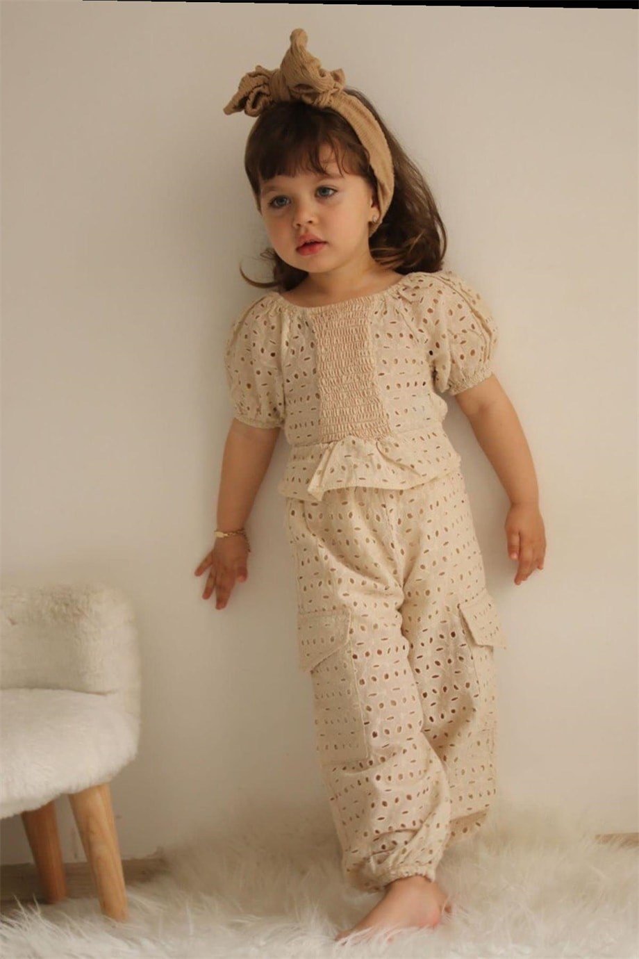 Kız Çocuk Nakış İşlemeli Pantolon Crop Takım - Camel