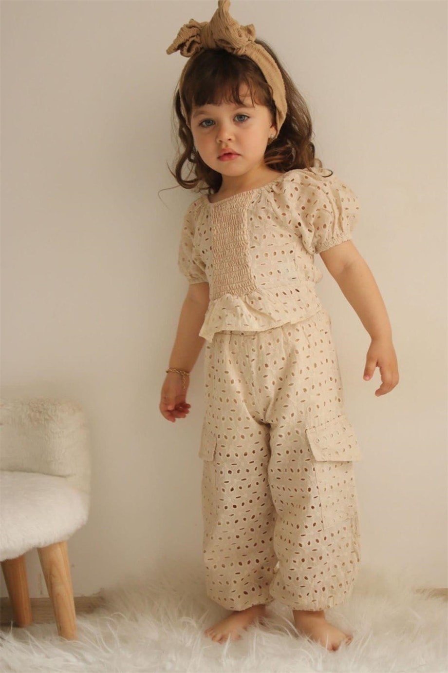Kız Çocuk Nakış İşlemeli Pantolon Crop Takım - Camel