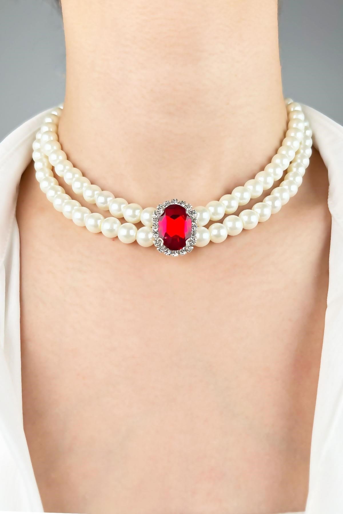Kristal Uçlu İnci Choker Kolye  - Kırmızı