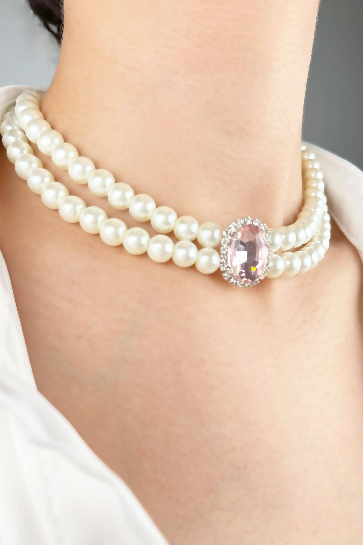 Kristal Uçlu İnci Choker Kolye  - Pembe