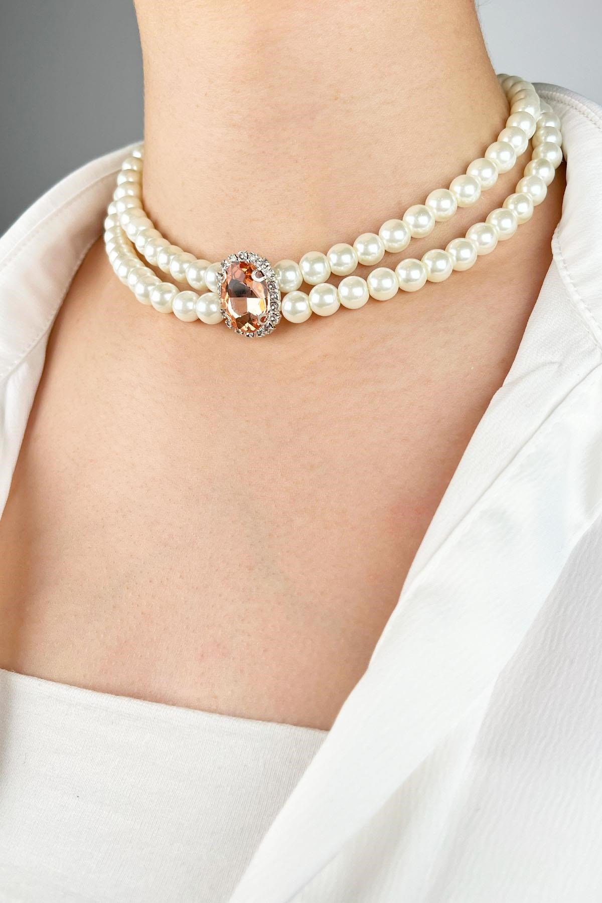 Kristal Uçlu İnci Choker Kolye  - Turuncu