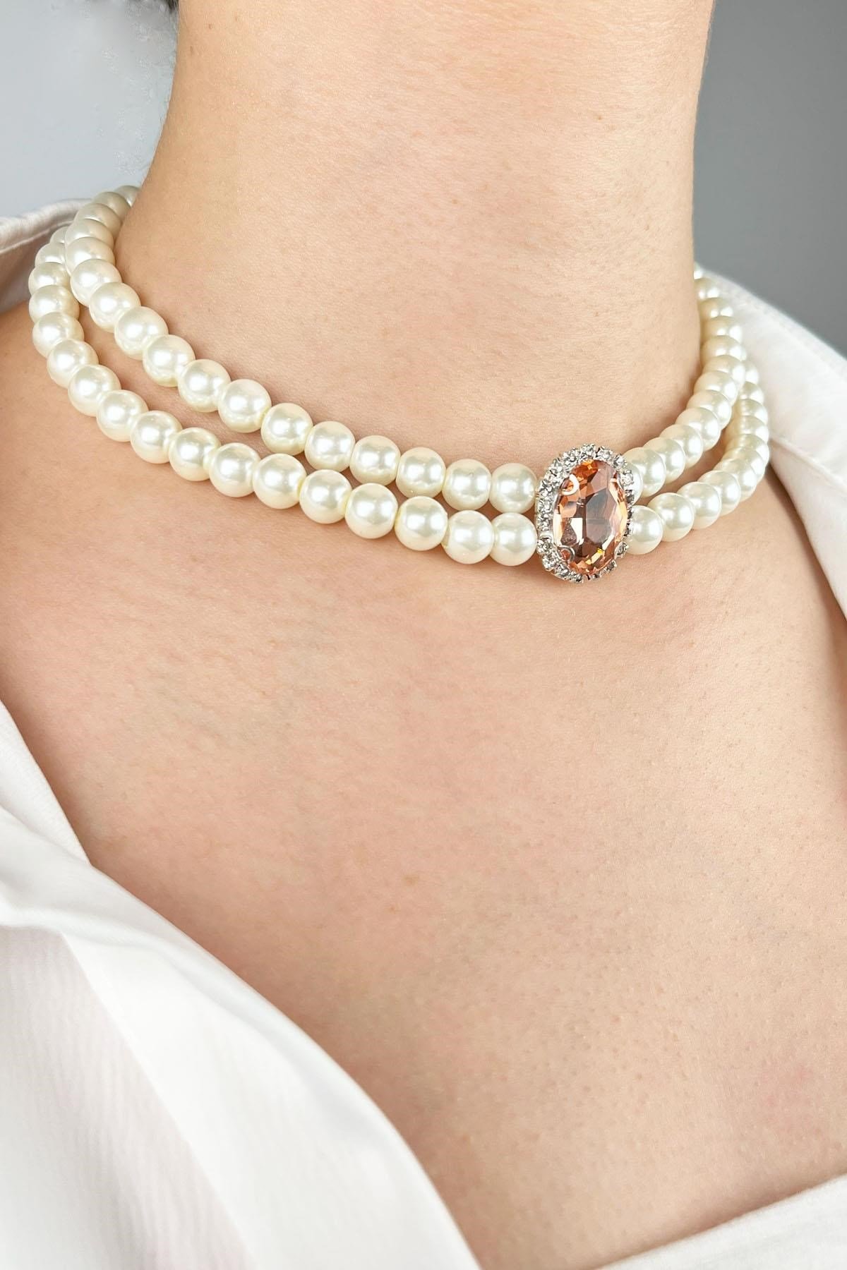 Kristal Uçlu İnci Choker Kolye  - Turuncu