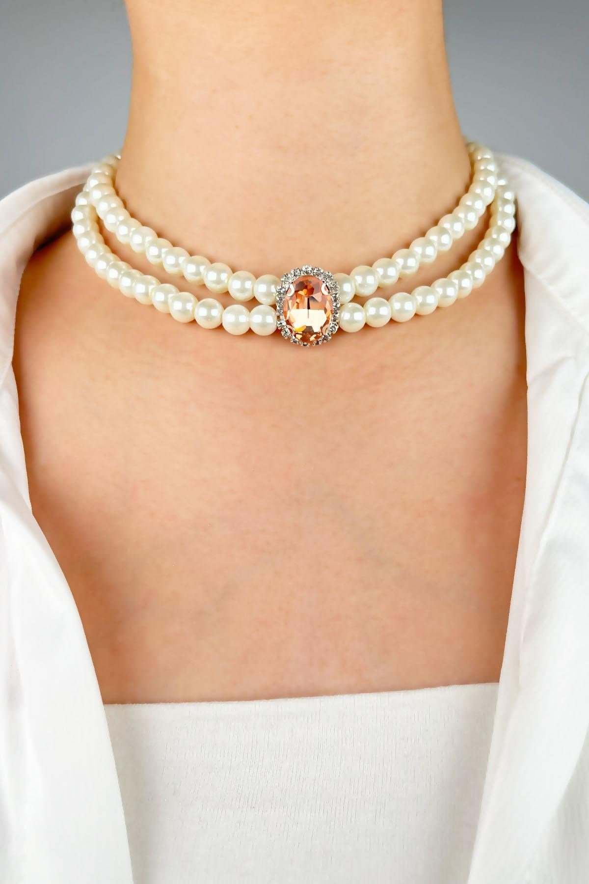 Kristal Uçlu İnci Choker Kolye  - Turuncu