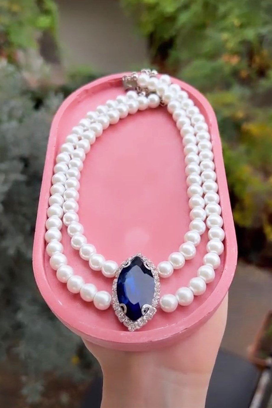 Lacivert Kristal Uçlu İnci Choker Kolye