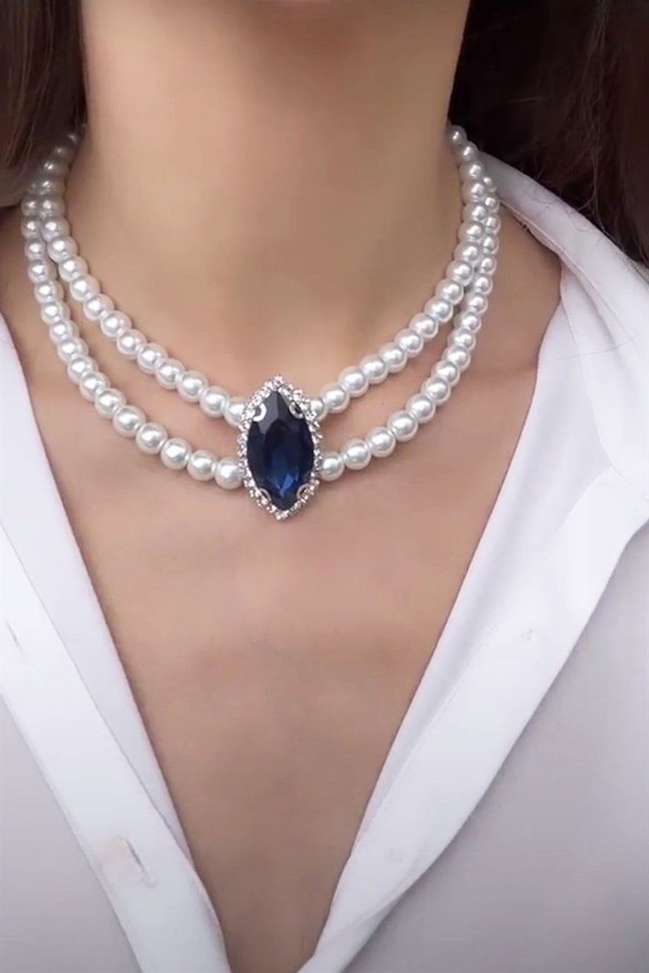 Lacivert Kristal Uçlu İnci Choker Kolye