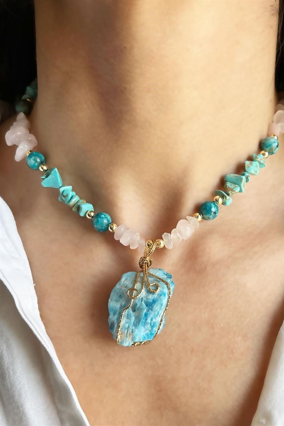 Larimar ve Ceyd Güneş Doğal Taşlı Kırık Taşlı Kolye