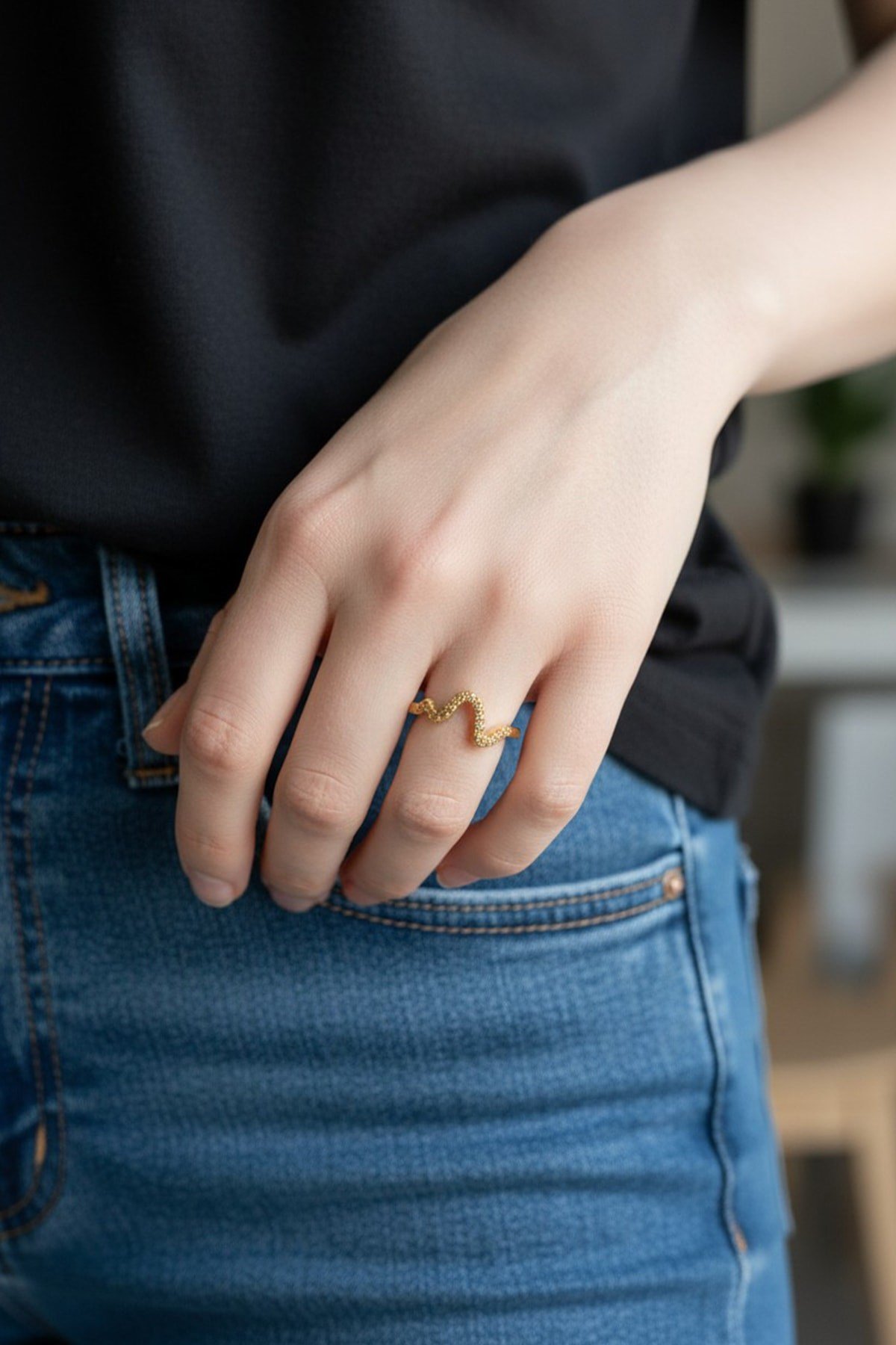 Minimal Zigzag Model Zirkon Taşlı Ayarlanabilir Yüzük Gold Kararmaz