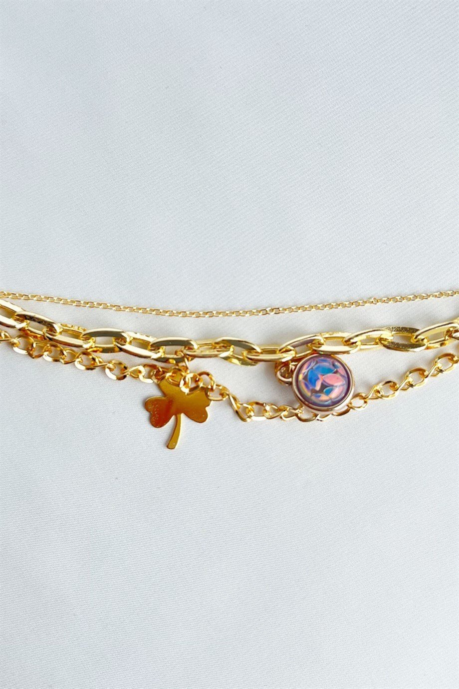 Mor Taşlı Üçlü Gold Bileklik