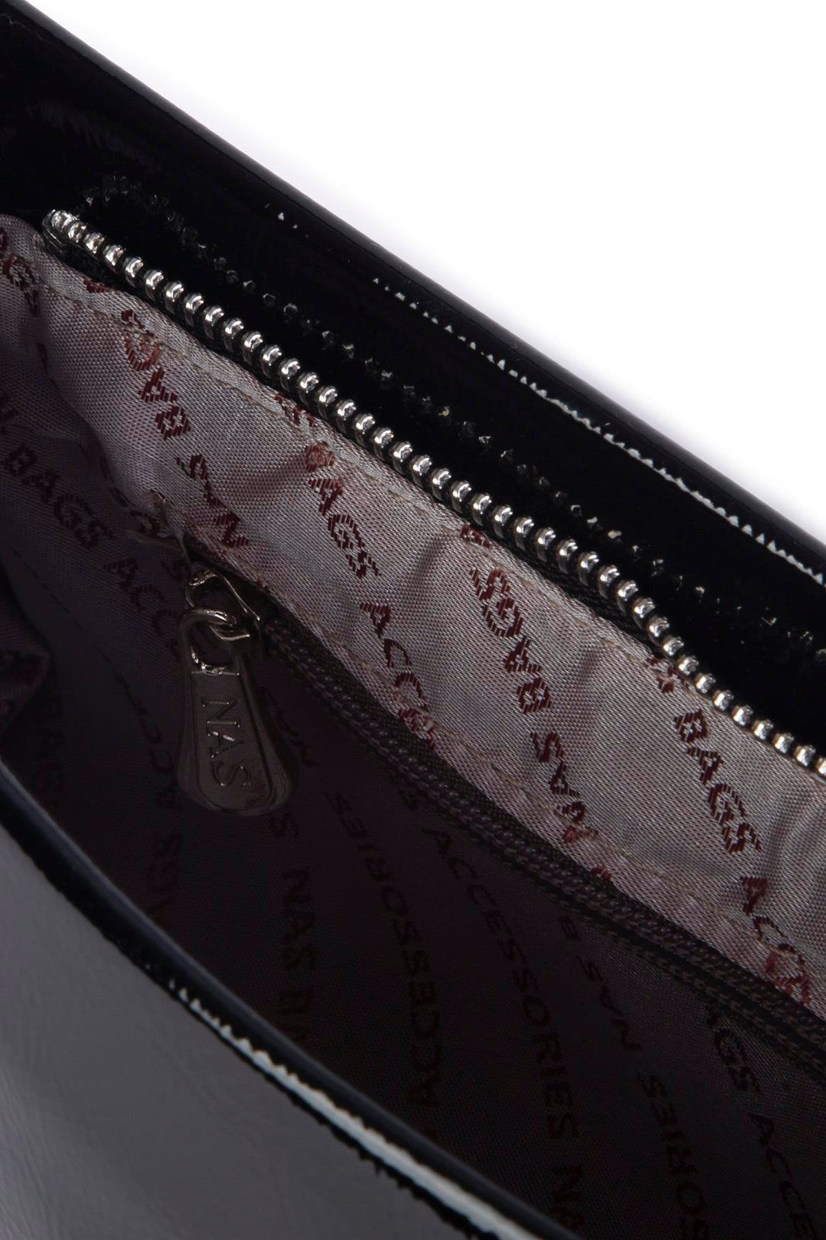 Nas Bag Kadın Basic Baget Omuz ve Çapraz Çanta - Siyah Rugan (27x12 cm)