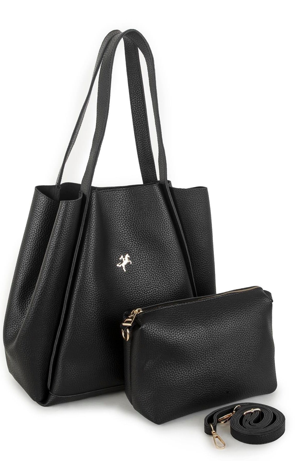 Nas Bag Kadın Büyük Boy Büzmeli Yavrulu Çıtçıtlı Tote Bag Omuz Çantası - Siyah