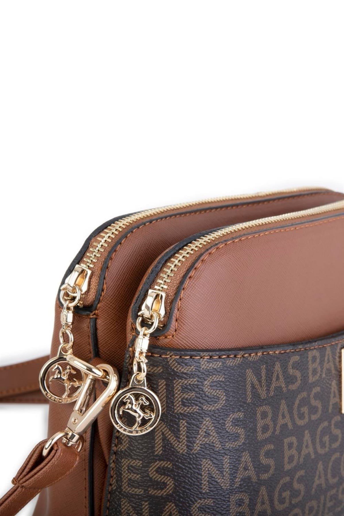 Nas Bag Kadın Çapraz Çanta İki Gözlü Şık Çanta - Kahve Taba Yazılı