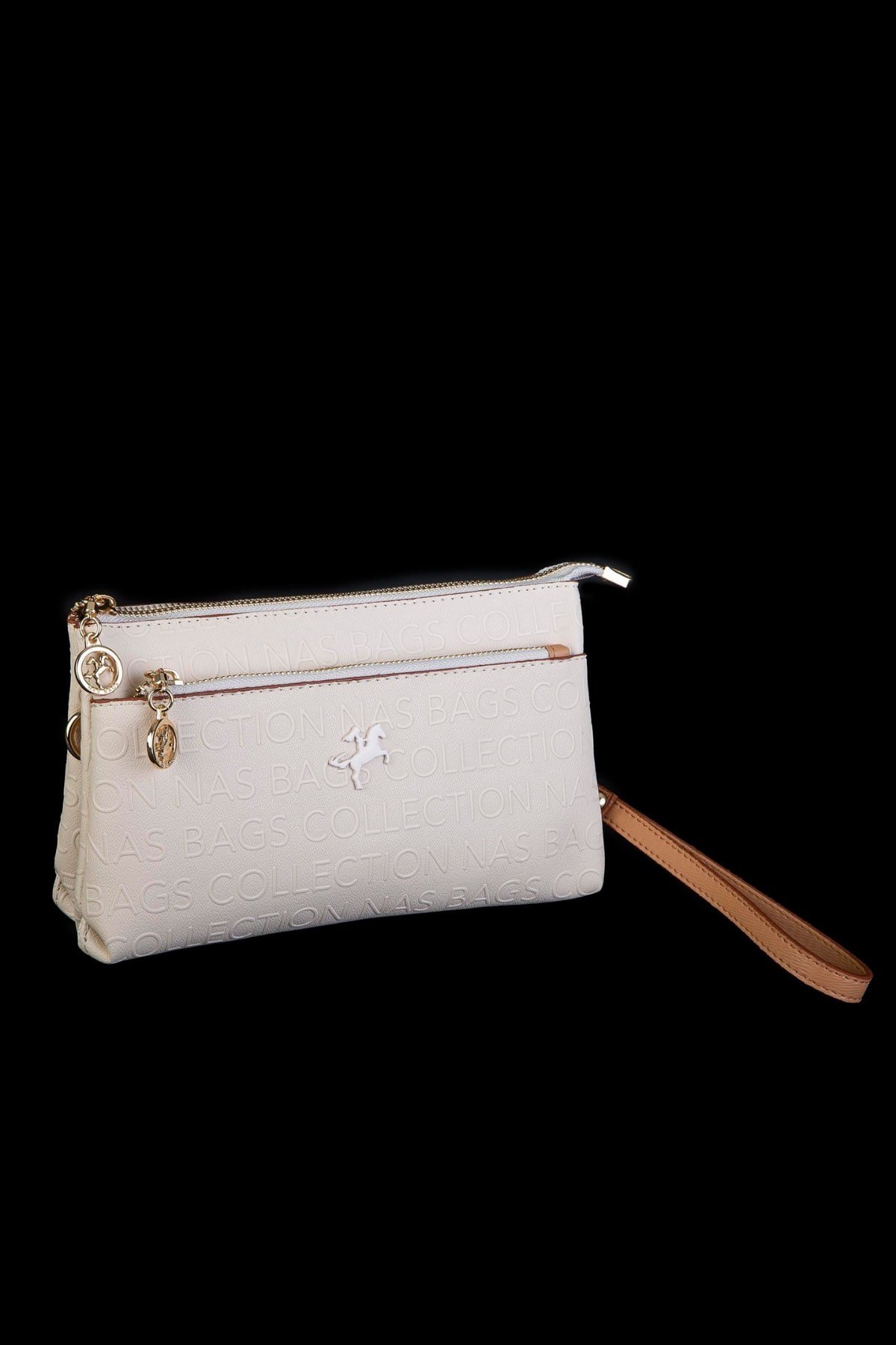 Nas Bag Kadın Çapraz ve Clutch Çanta Bilek ve Çapraz Askılı - Krem Camel Gofraj