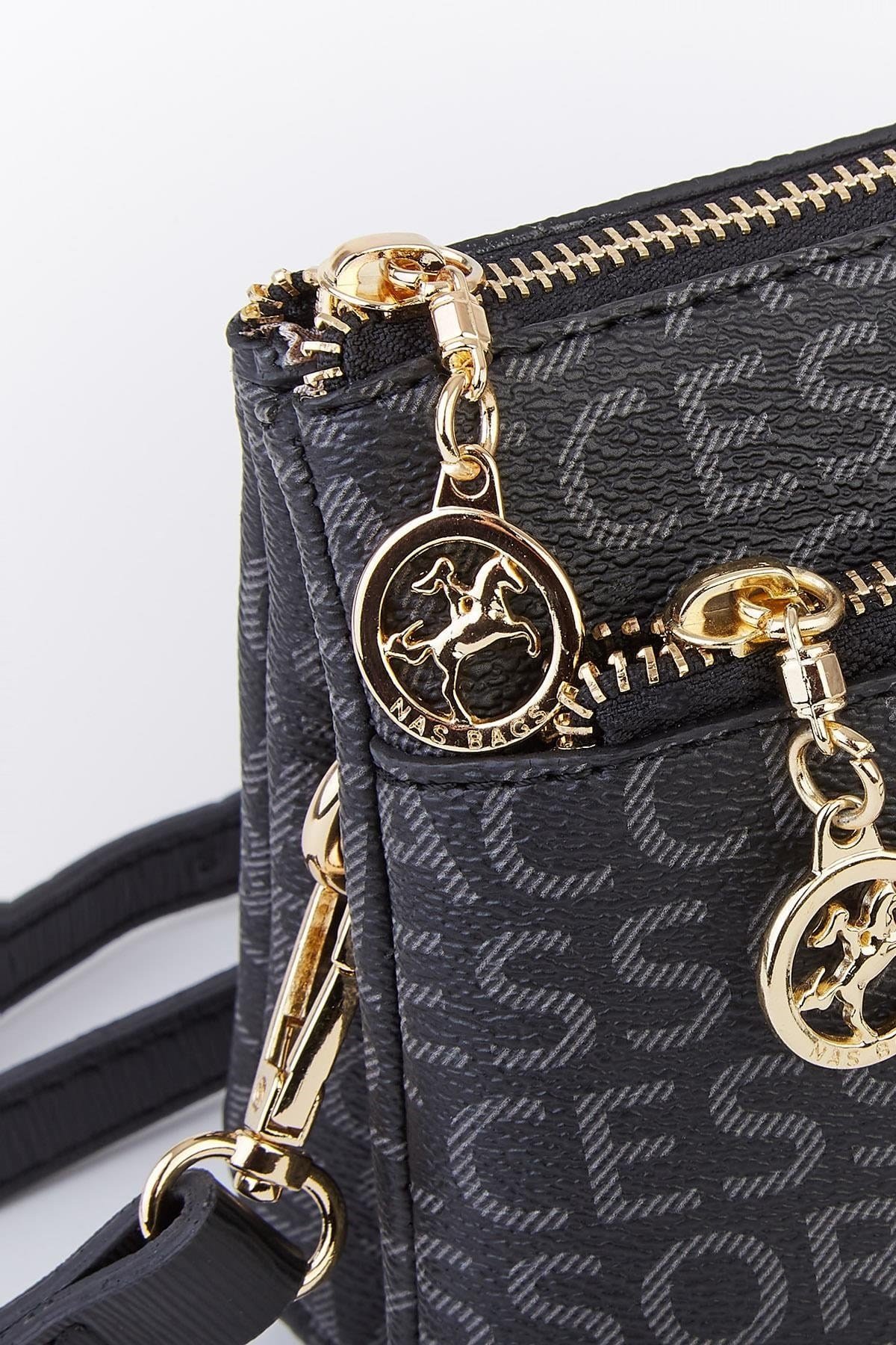 Nas Bag Kadın Çapraz ve Clutch Çanta - Siyah Yazılı