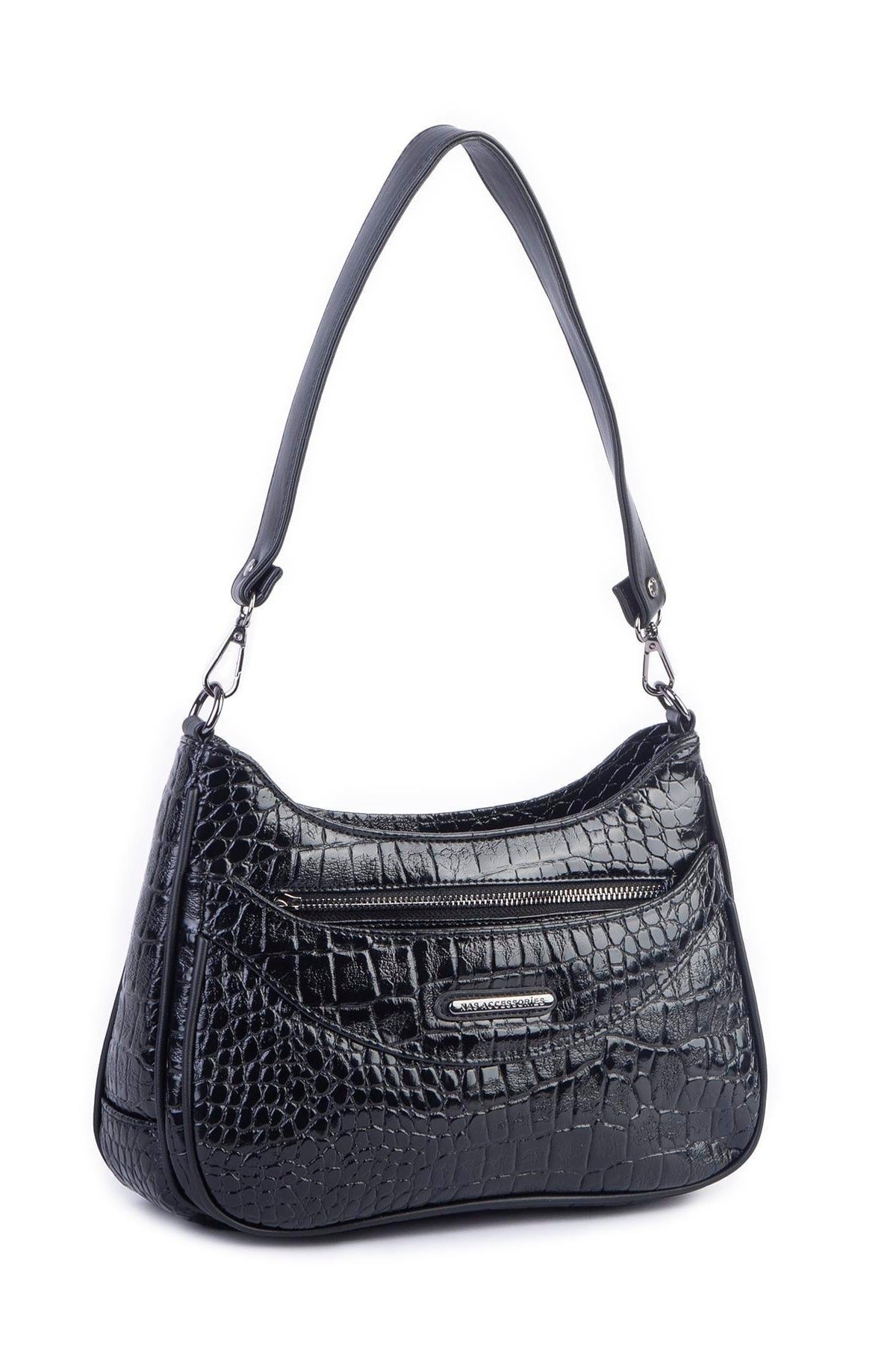 Nas Bag Kadın Omuz ve Çapraz Baget Çanta - Siyah Kroko (28x17 cm)