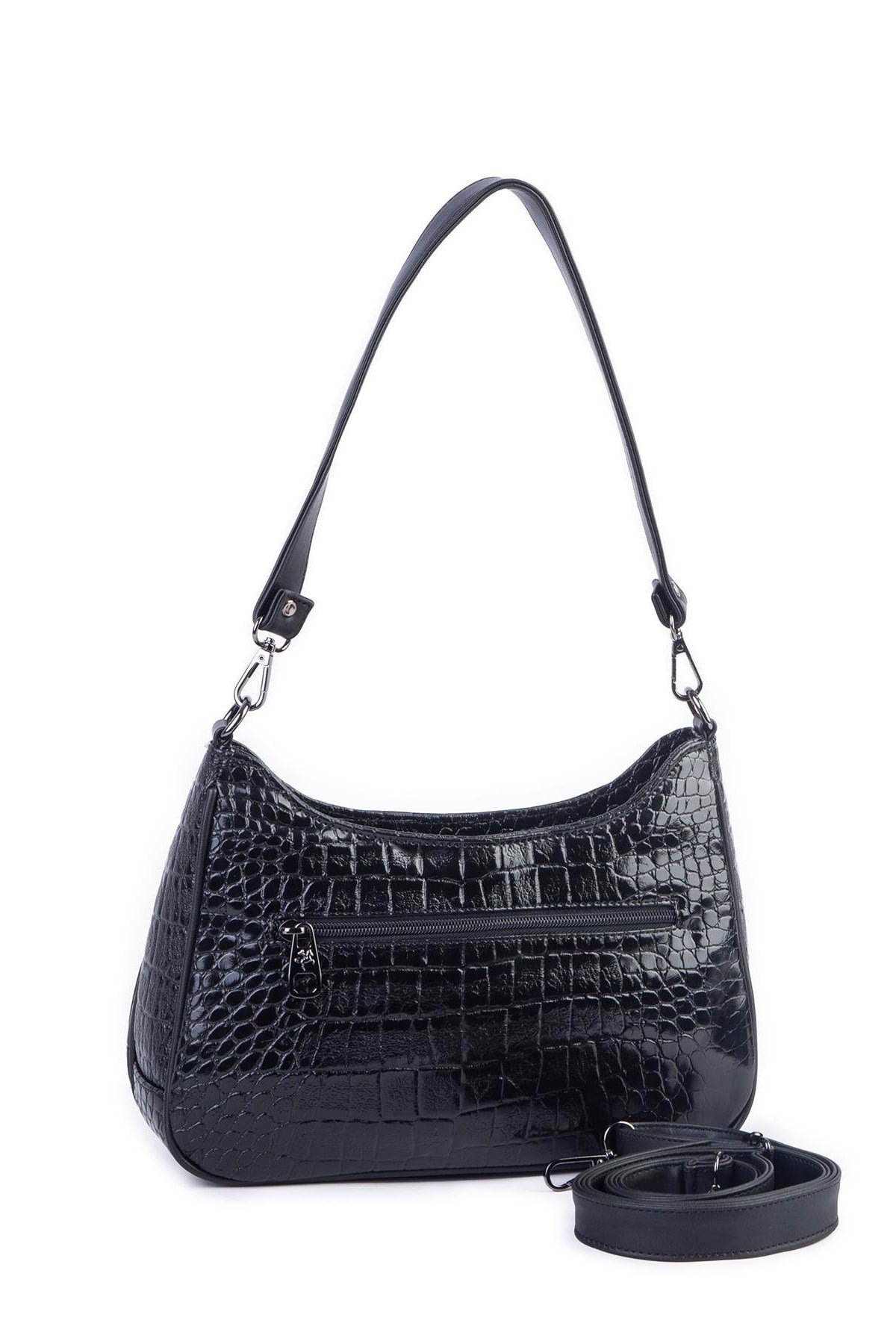 Nas Bag Kadın Omuz ve Çapraz Baget Çanta - Siyah Kroko (28x17 cm)