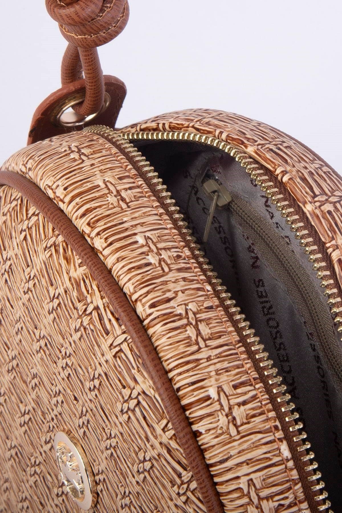Nas Bag Kadın Yuvarlak Oval Yazlık Moda Hasır Görünümlü Deri Çanta - Vizon