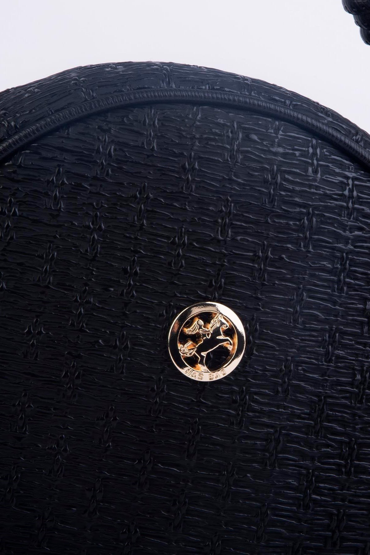 Nas Bag Kadın Yuvarlak Oval Yazlık Moda Hasır Görünümlü Deri Çanta - Siyah