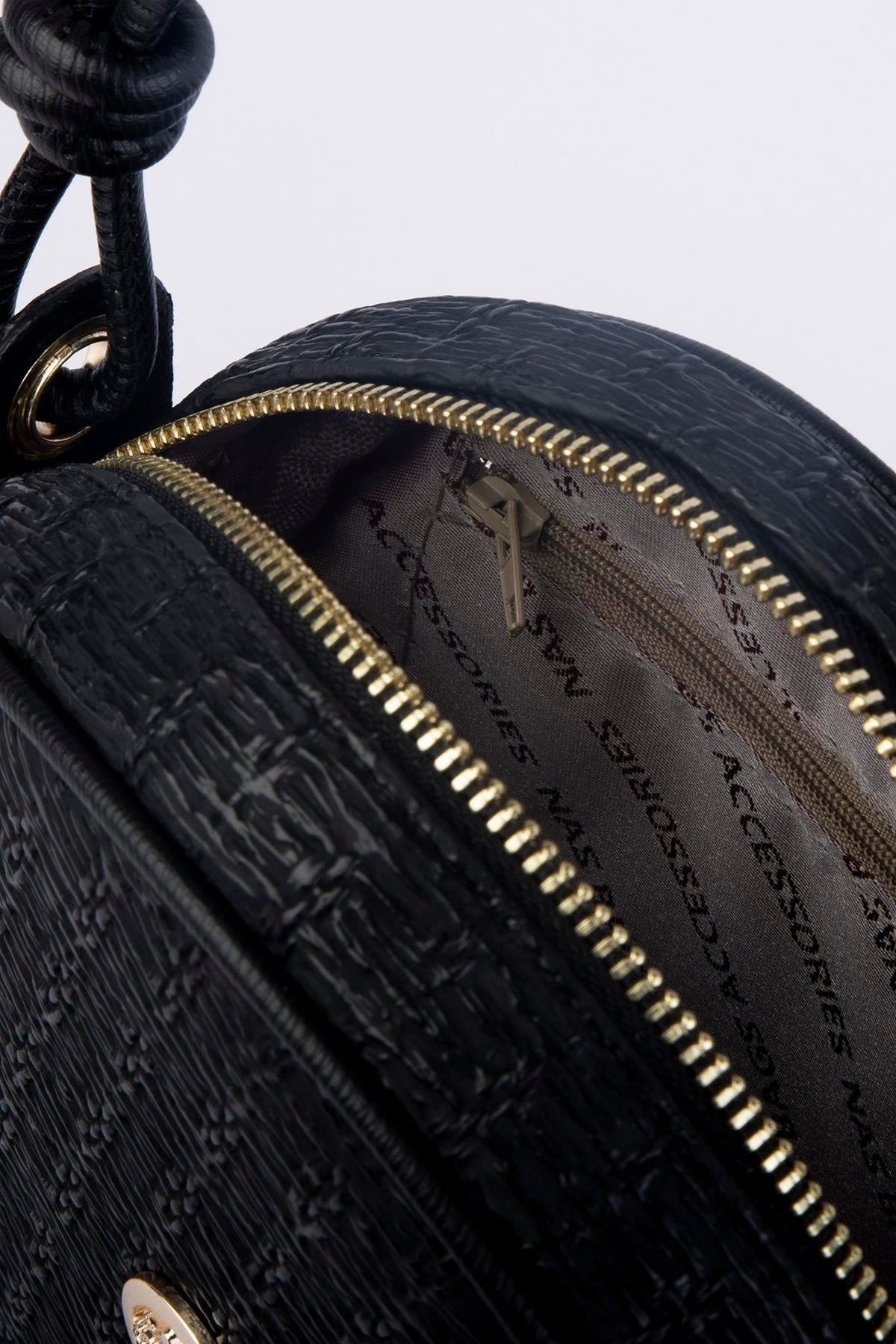 Nas Bag Kadın Yuvarlak Oval Yazlık Moda Hasır Görünümlü Deri Çanta - Siyah