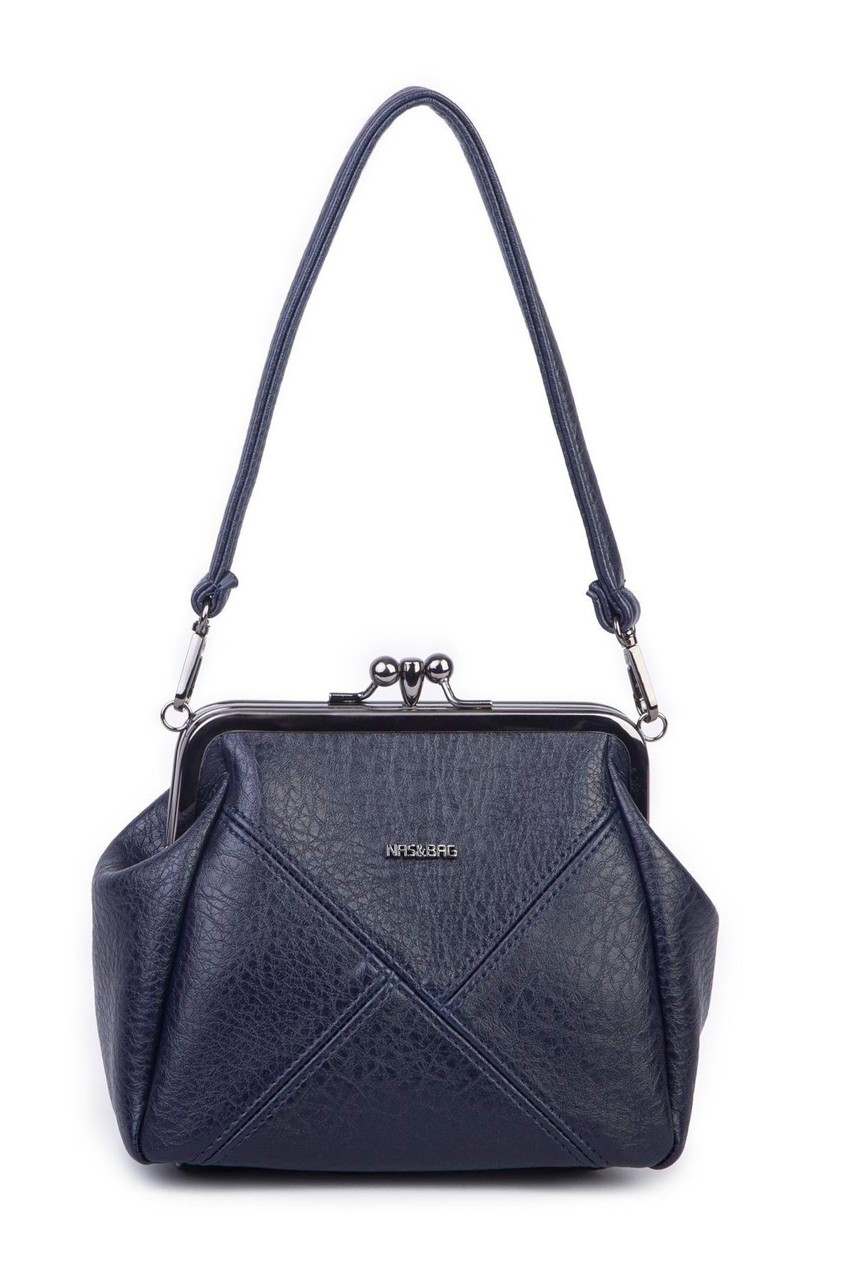 Nas Bag Mini Vintage Burslu Klipsli Kadın Omuz ve Çapraz Çanta Lacivert Victoria ( 20x17 cm)