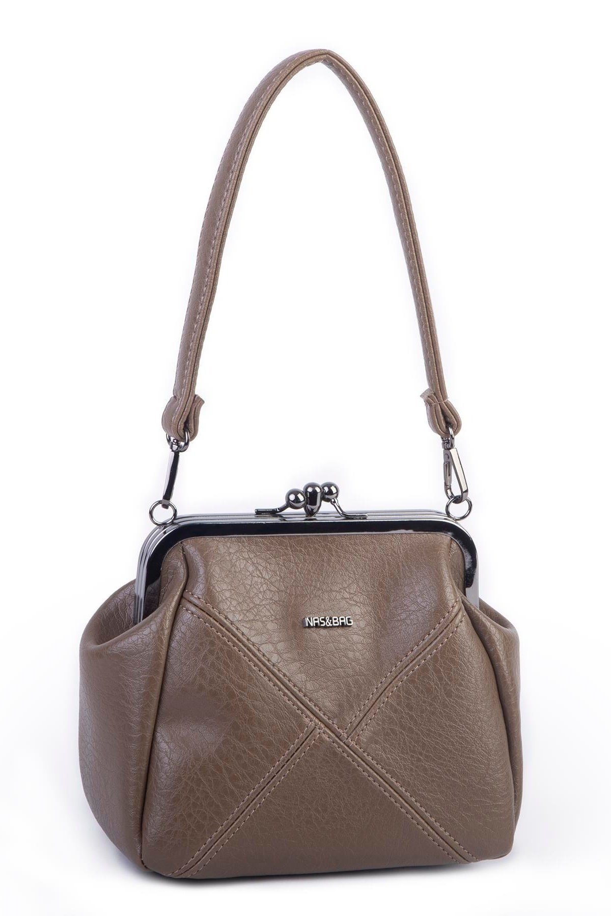 Nas Bag Mini Vintage Burslu Klipsli Kadın Omuz ve Çapraz Çanta Vizon Victoria ( 20x17 cm)