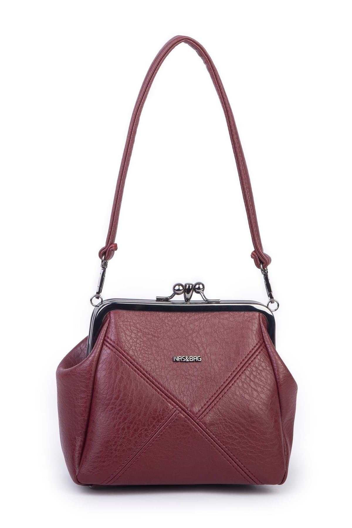Nas Bag Mini Vintage Burslu Klipsli Kadın Omuz ve Çapraz Çanta Bordo Victoria ( 20x17 cm)