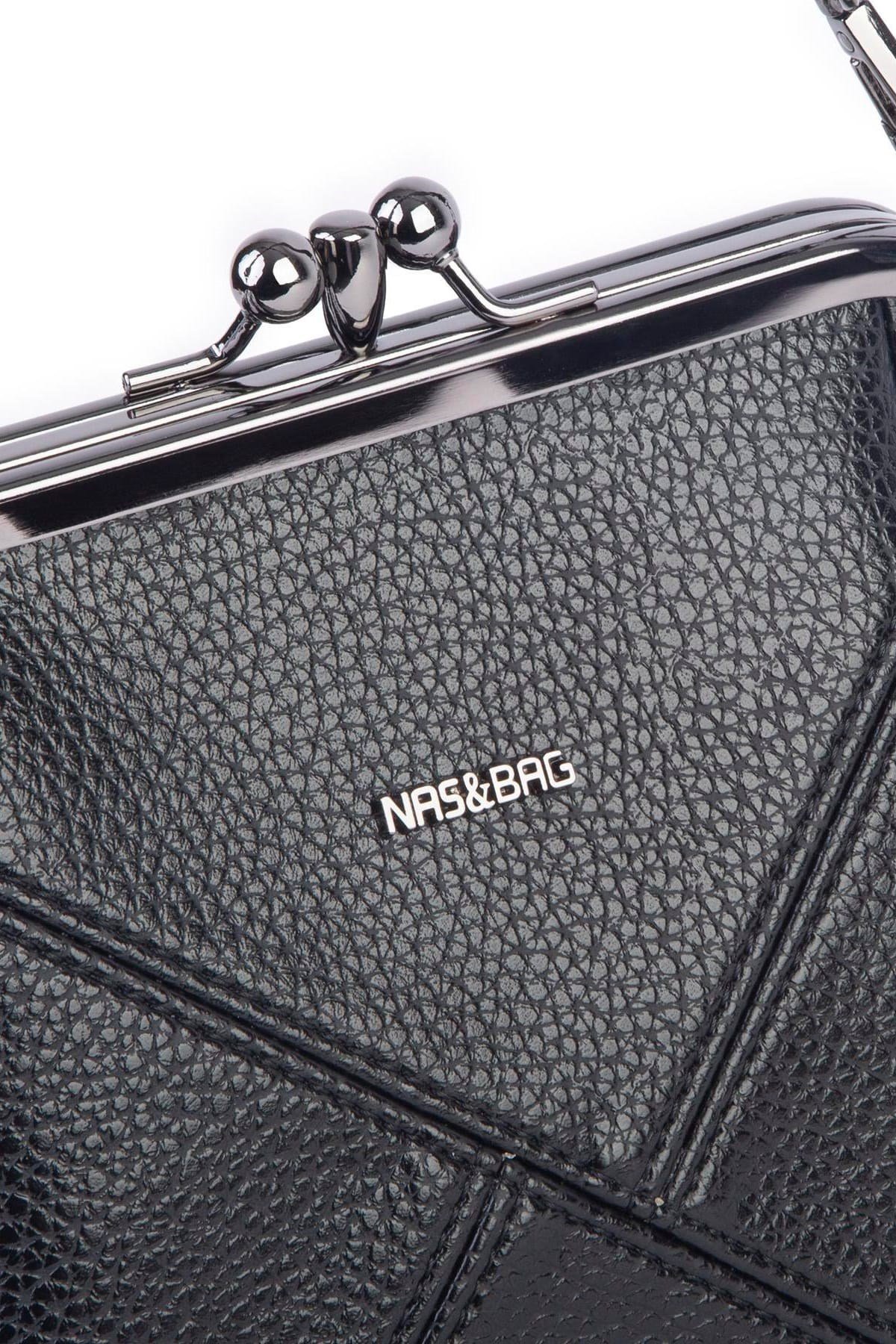 Nas Bag Mini Vintage Burslu Klipsli Kadın Omuz ve Çapraz Çanta Siyah Lopez ( 20x17 cm)