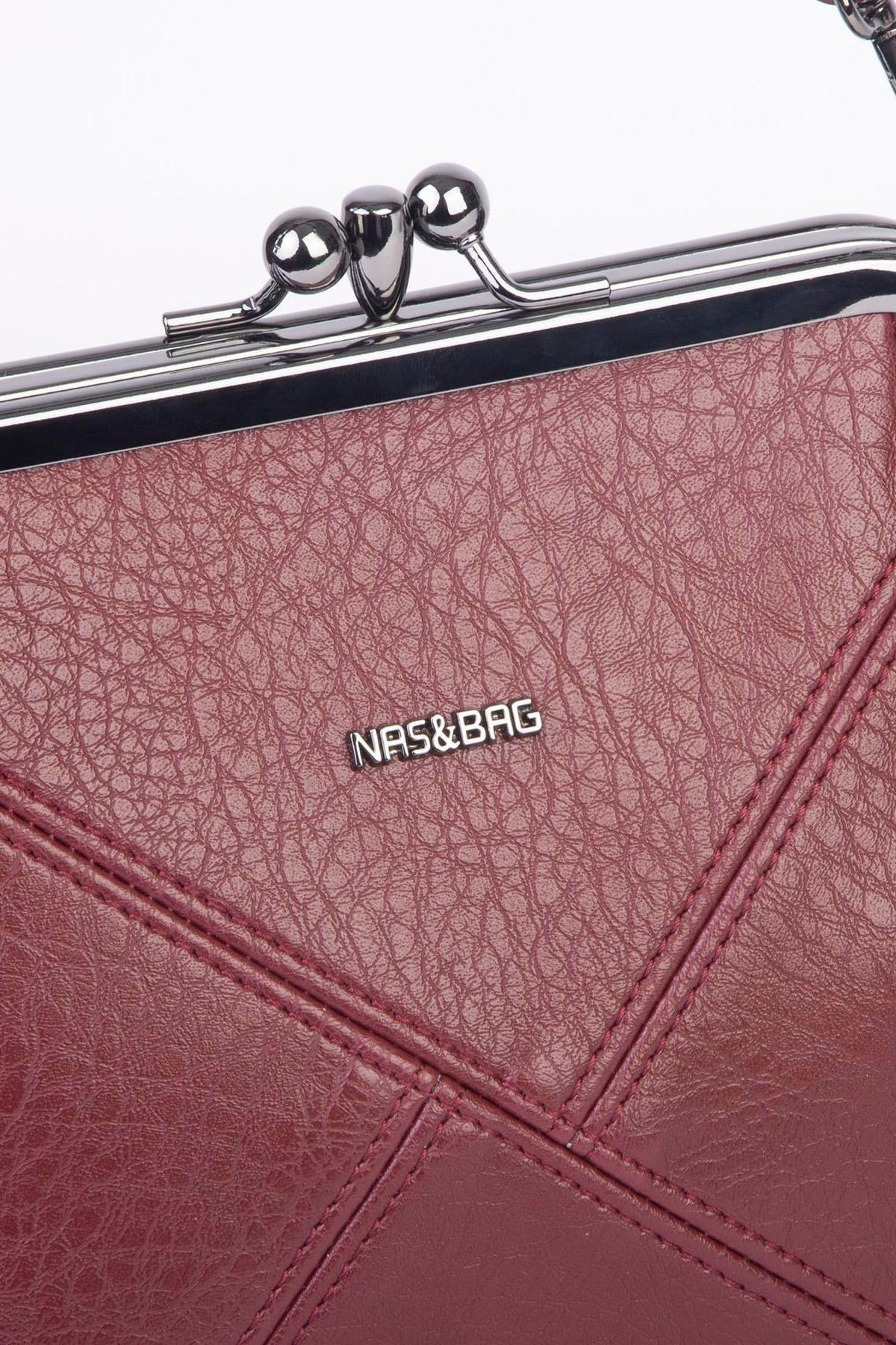 Nas Bag Mini Vintage Burslu Klipsli Kadın Omuz ve Çapraz Çanta Bordo Victoria ( 20x17 cm)