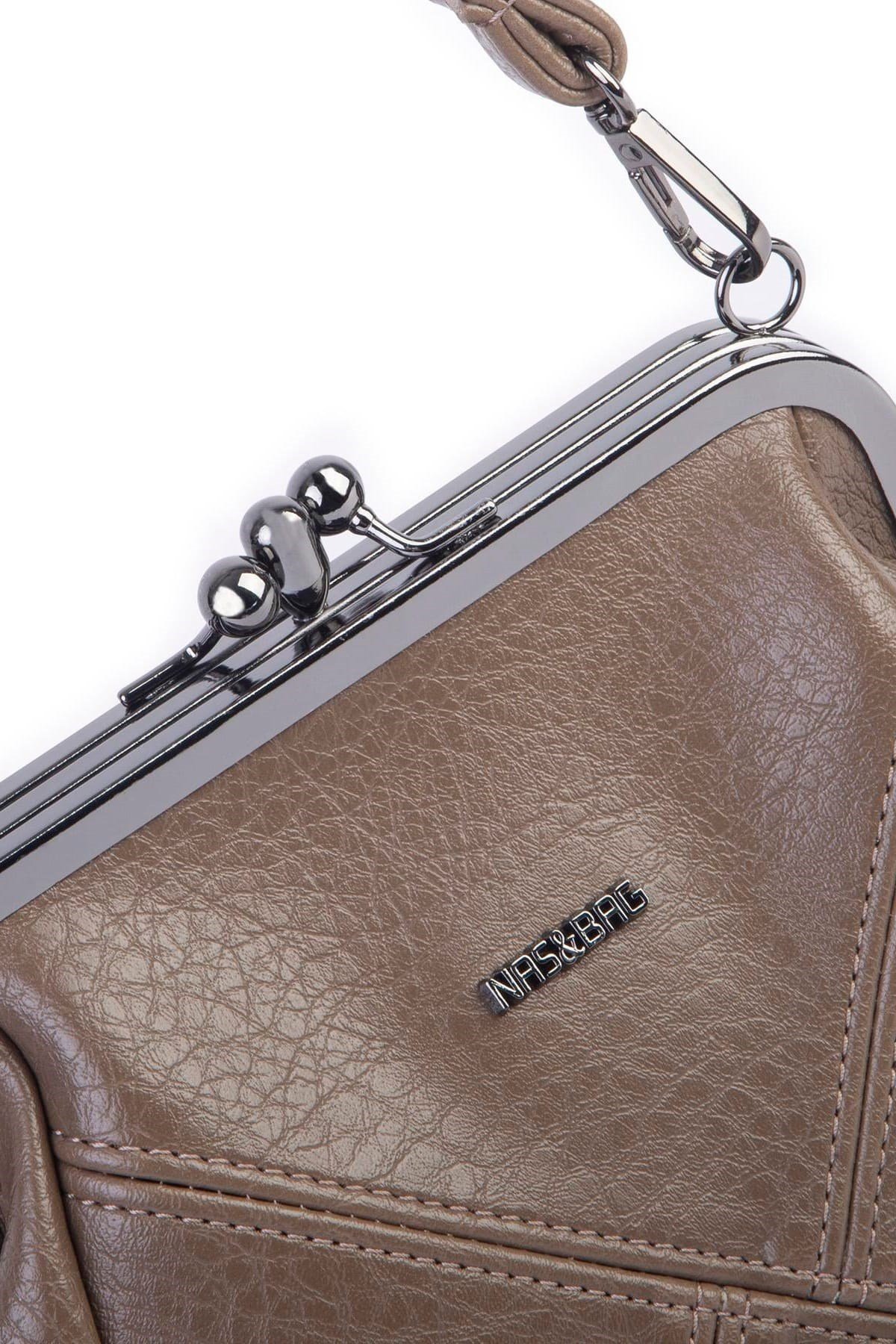 Nas Bag Mini Vintage Burslu Klipsli Kadın Omuz ve Çapraz Çanta Vizon Victoria ( 20x17 cm)