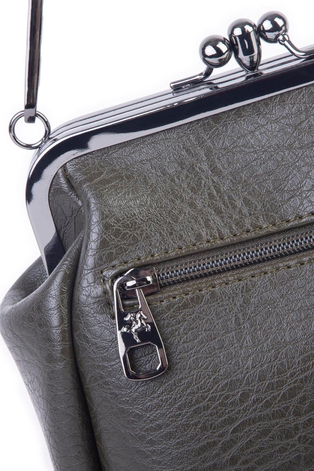 Nas Bag Mini Vintage Burslu Klipsli Kadın Omuz ve Çapraz Çanta Haki Victoria ( 20x17 cm)