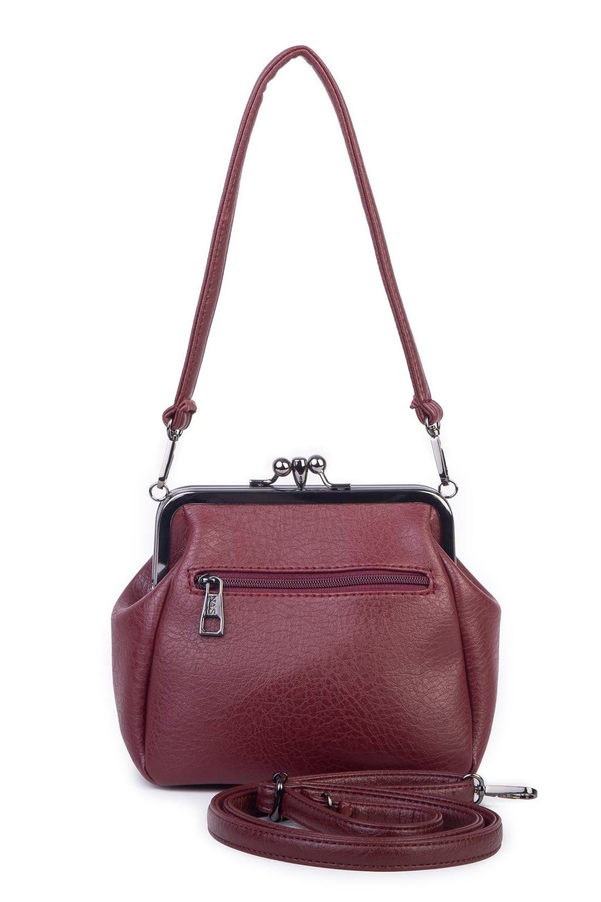 Nas Bag Mini Vintage Burslu Klipsli Kadın Omuz ve Çapraz Çanta Bordo Victoria ( 20x17 cm)