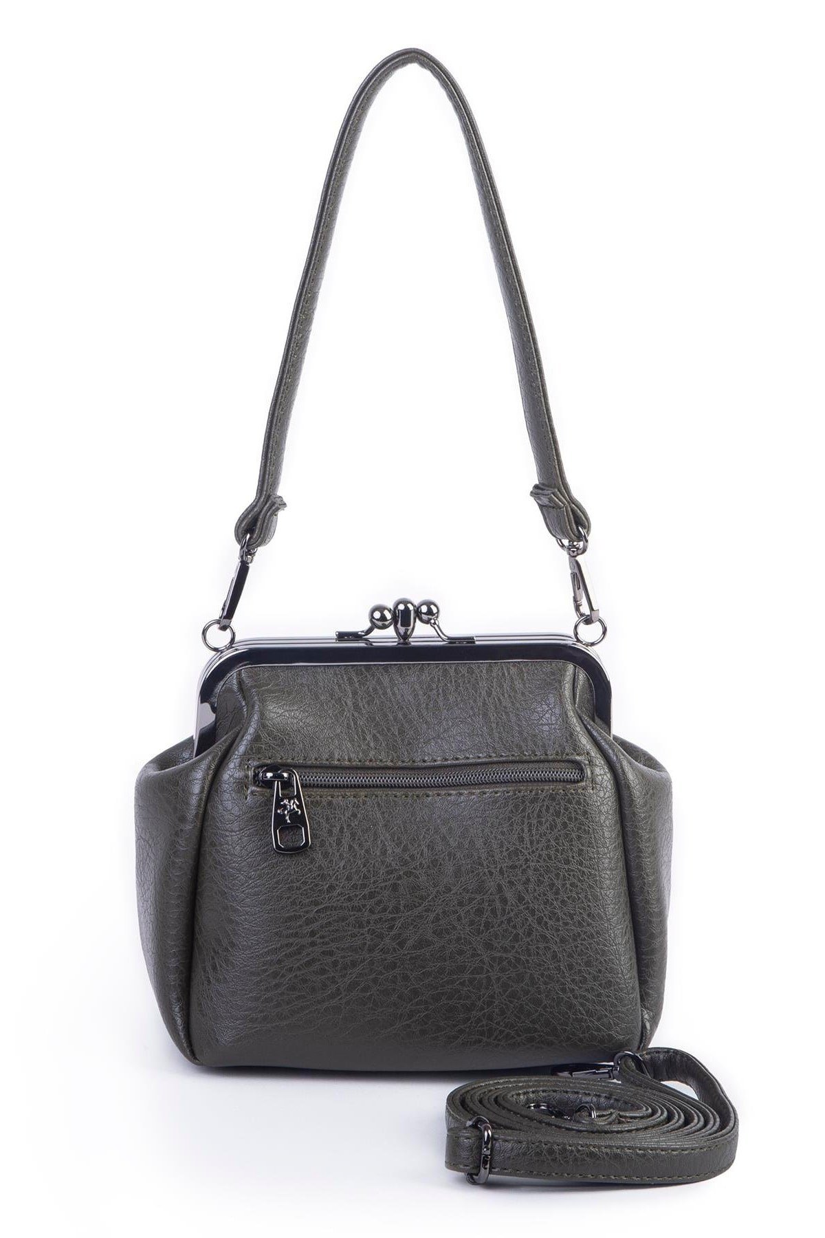 Nas Bag Mini Vintage Burslu Klipsli Kadın Omuz ve Çapraz Çanta Haki Victoria ( 20x17 cm)