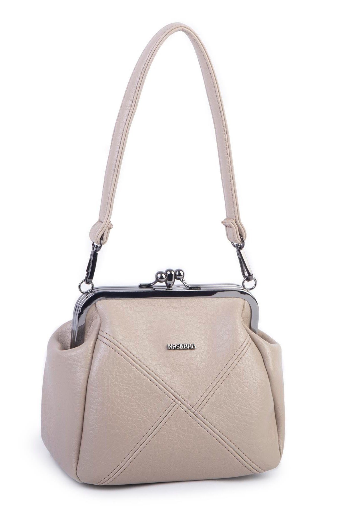 Nas Bag Mini Vintage Burslu Klipsli Kadın Omuz ve Çapraz Çanta Kum Victoria ( 20x17 cm)