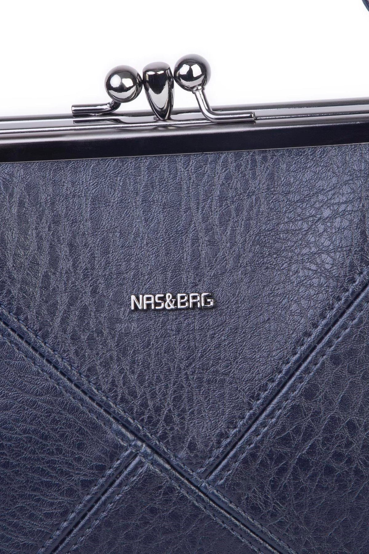Nas Bag Mini Vintage Burslu Klipsli Kadın Omuz ve Çapraz Çanta Lacivert Victoria ( 20x17 cm)
