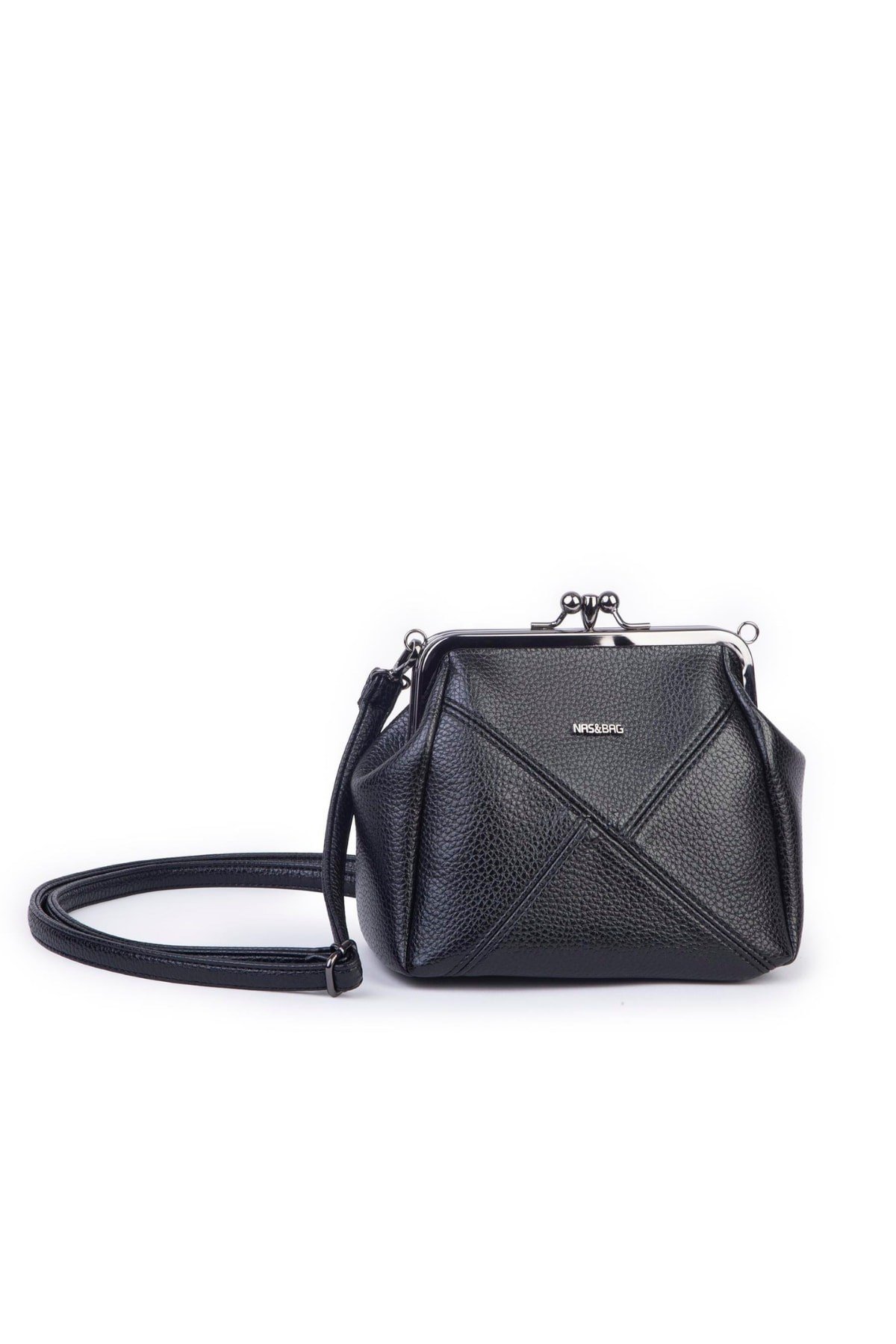 Nas Bag Mini Vintage Burslu Klipsli Kadın Omuz ve Çapraz Çanta Siyah Lopez ( 20x17 cm)