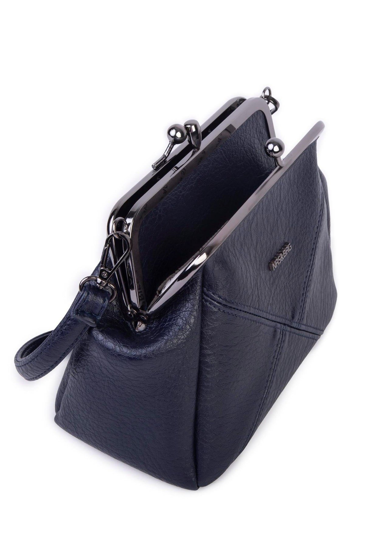 Nas Bag Mini Vintage Burslu Klipsli Kadın Omuz ve Çapraz Çanta Lacivert Victoria ( 20x17 cm)