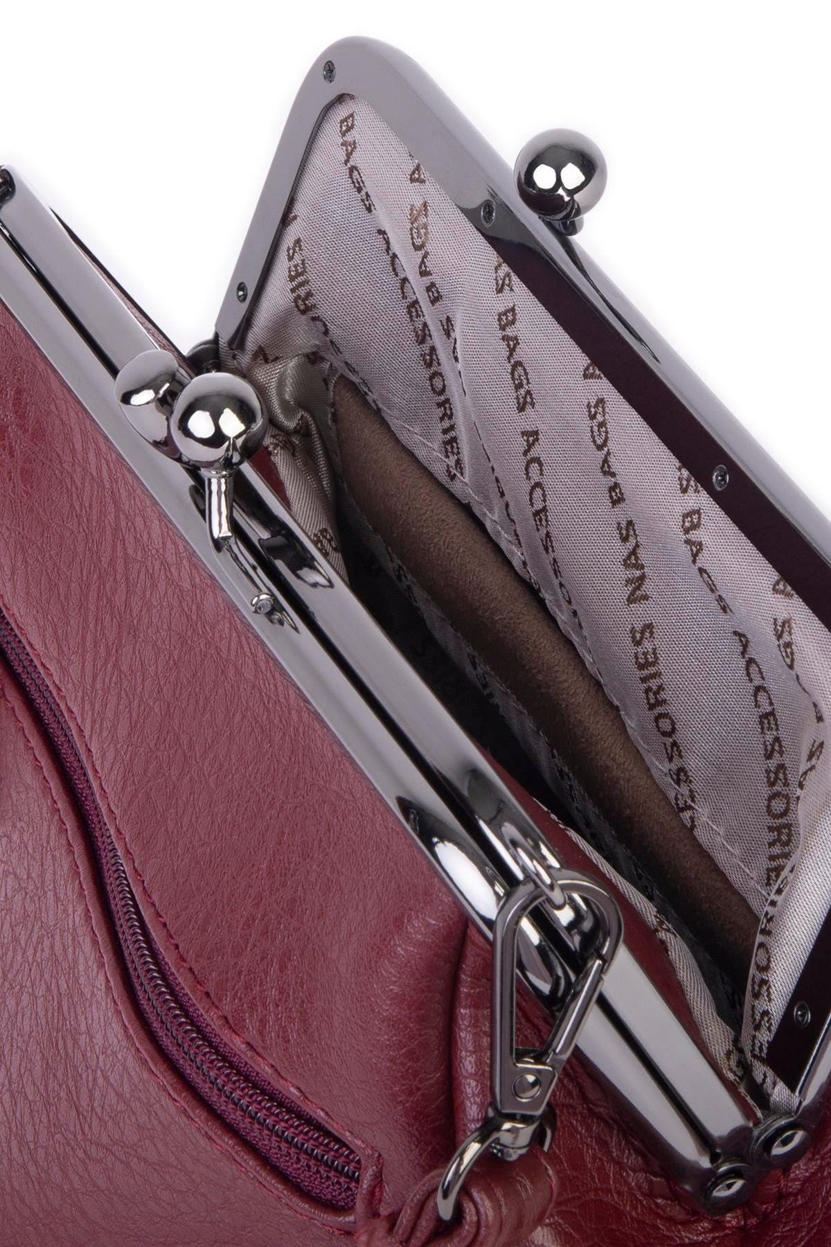 Nas Bag Mini Vintage Burslu Klipsli Kadın Omuz ve Çapraz Çanta Bordo Victoria ( 20x17 cm)
