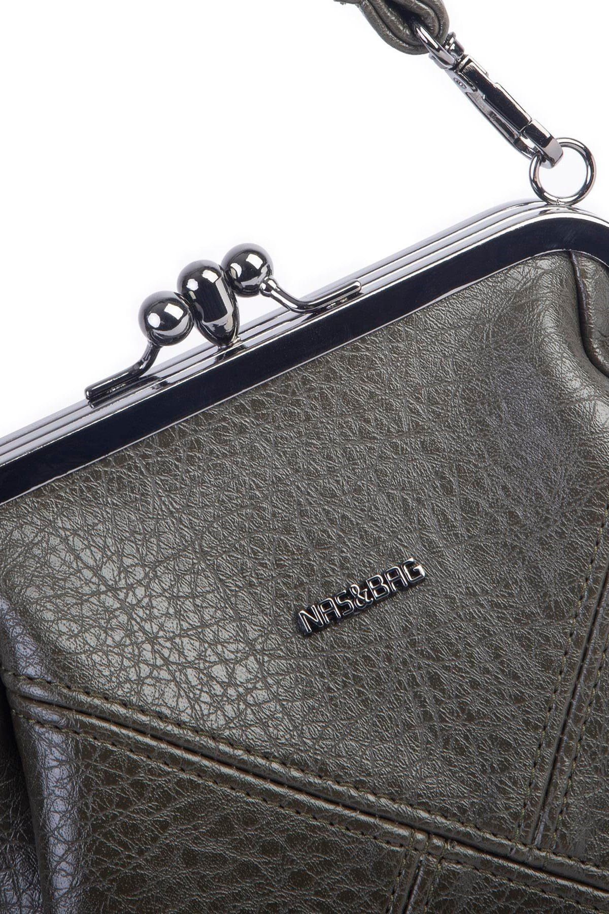 Nas Bag Mini Vintage Burslu Klipsli Kadın Omuz ve Çapraz Çanta Haki Victoria ( 20x17 cm)