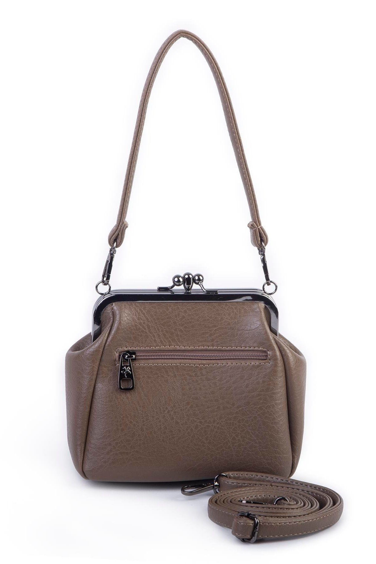 Nas Bag Mini Vintage Burslu Klipsli Kadın Omuz ve Çapraz Çanta Vizon Victoria ( 20x17 cm)