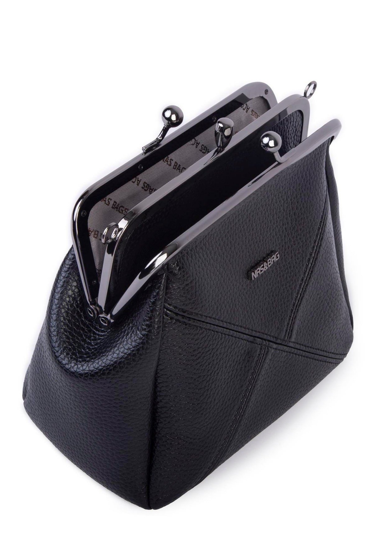 Nas Bag Mini Vintage Burslu Klipsli Kadın Omuz ve Çapraz Çanta Siyah Lopez ( 20x17 cm)