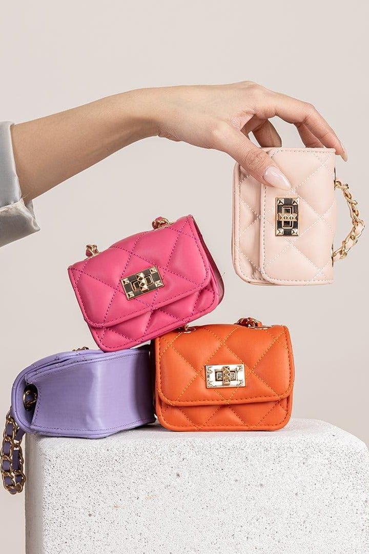 Nas Bag Orjinal Mini El ve Cüzdan Çanta Kapitone Zincir Detaylı - Fuşya