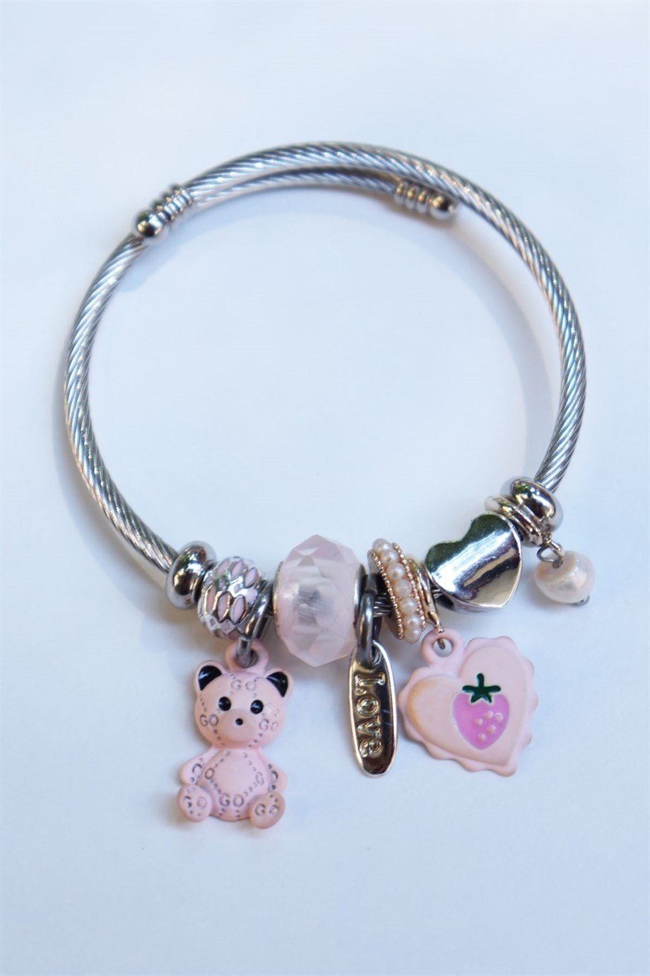 Pembe Ayıcık Figürlü Çelik Charm Bileklik
