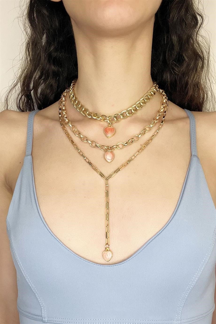 Pembe Kalp Detaylı Çoklu Gold Renk Kolye