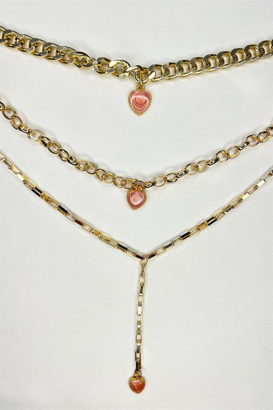 Pembe Kalp Detaylı Çoklu Gold Renk Kolye